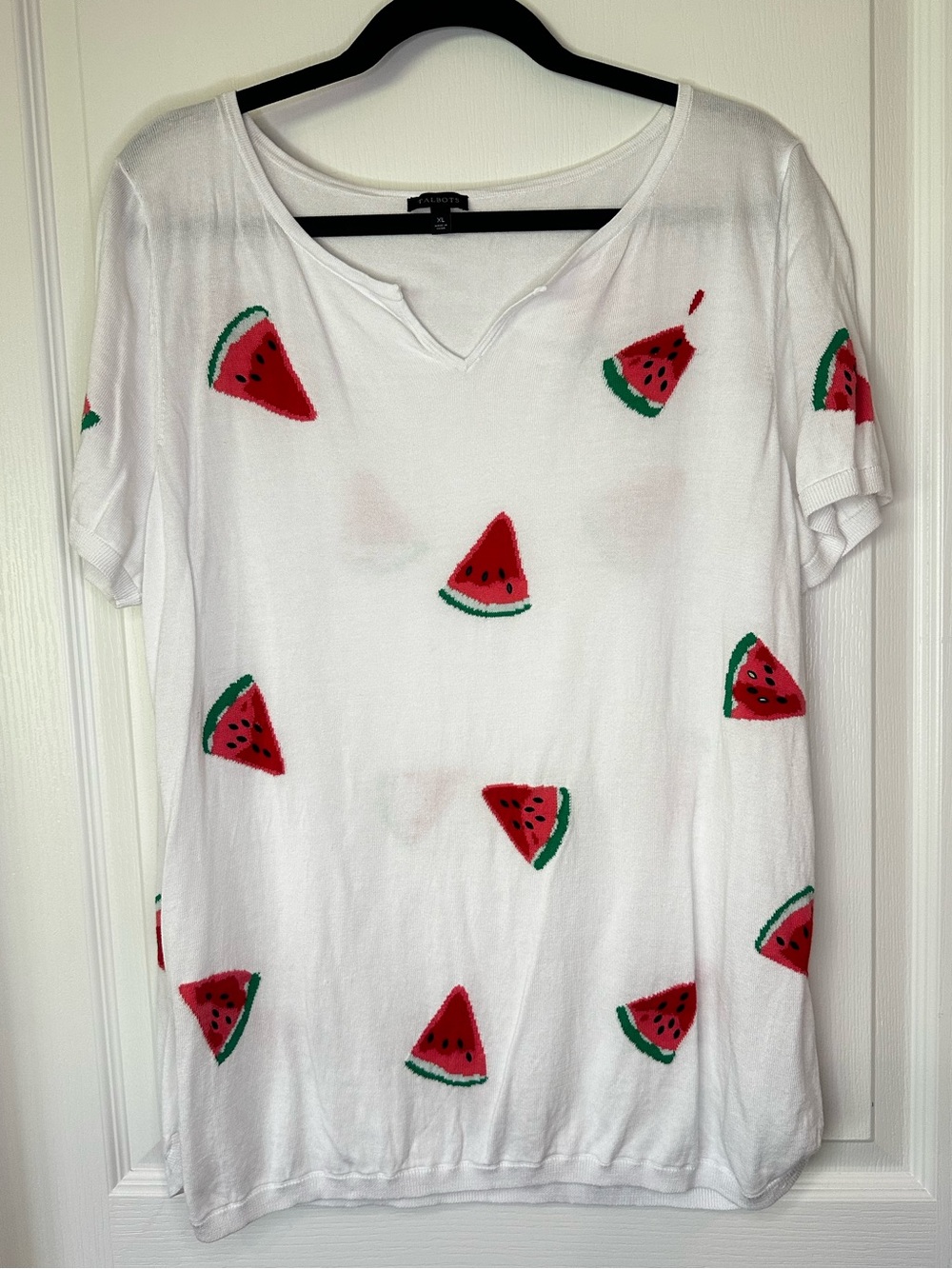 Talbots White Knit Top Watermelon design bead details